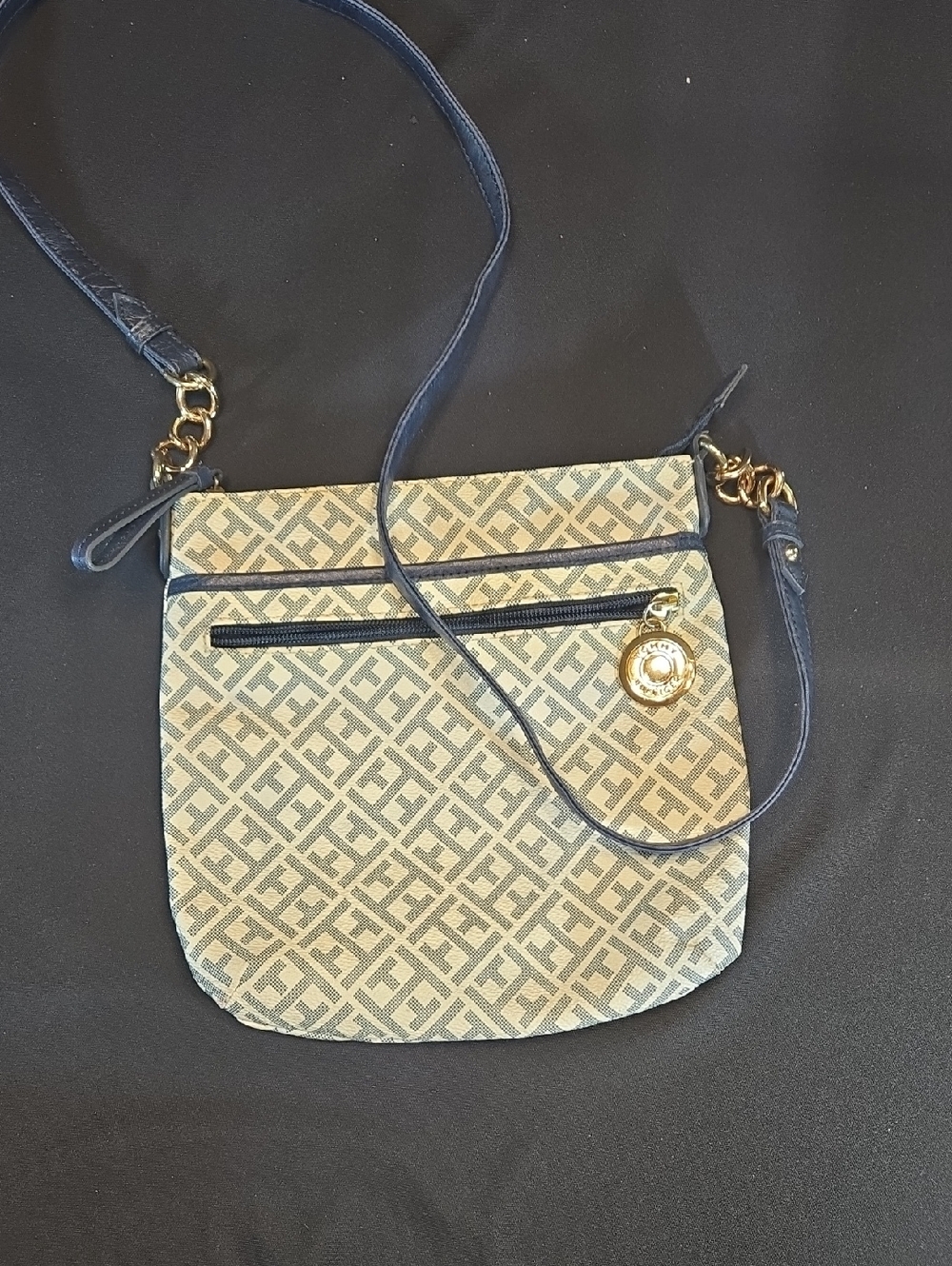 Tommy Hilfiger Crossbody Bag in Beige and Navy with TH Gold Pull